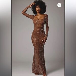 Sheer Embellished Long Sleeve Evening Gown in Mocha